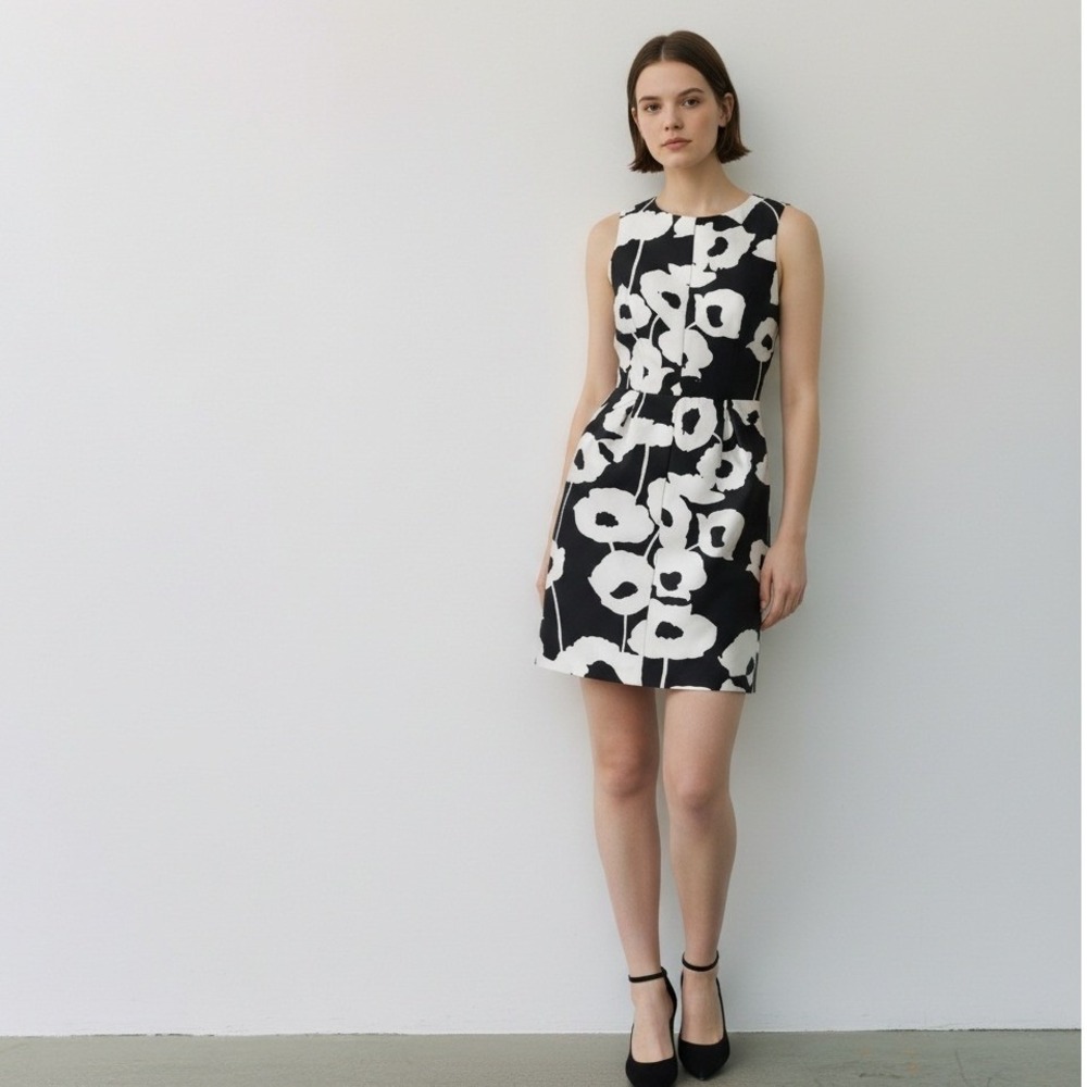 Milly Minis Dress‎ Size 14 Black White Floral Structured Sleeveless NWT Made USA
